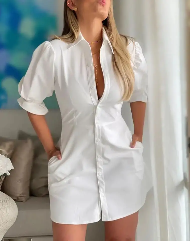 Elegant Women's Dresses Puff Lantern Sleeve Buttoned Casual Turn-Down Collar Half Sleeve Plain Shirt Dress 2022 Summer Fashion
Elegant Women's Dresses Puff Lantern Sleeve Buttoned Casual Turn-Down Collar Half Sleeve Plain Shirt Dress 2022 Summer Fashion