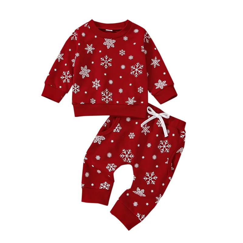 

Одежда для малышей 2 шт. рождественские наряды пуловер с длинным рукавом и принтом снежинок топы и брюки комплект детской одежды