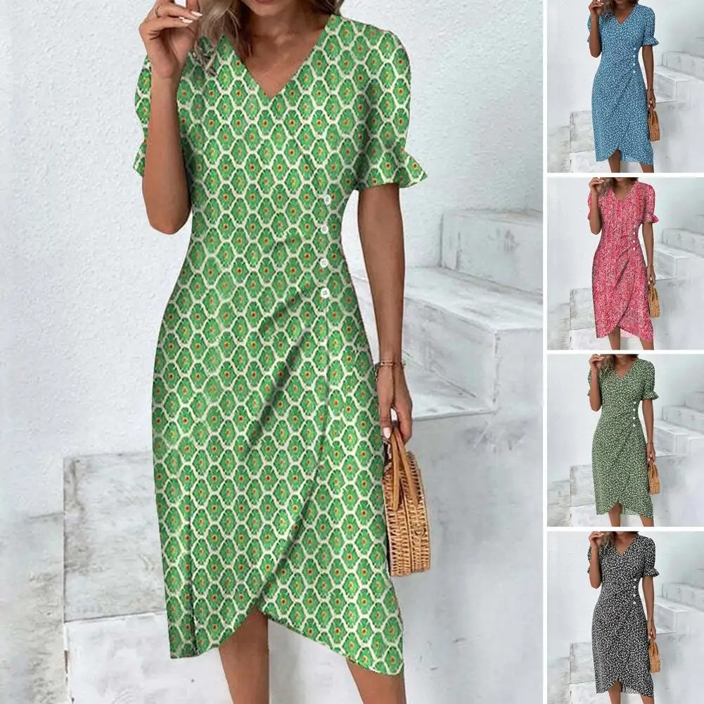 V-Neck Ruffle Trim Puff Short Sleeve Buttons Waist Tight Irregular Hem Women Dress Summer Sweet Floral Print Midi Lady Y2k Traf
V-Neck Ruffle Trim Puff Short Sleeve Buttons Waist Tight Irregular Hem Women Dress Summer Sweet Floral Print Midi Lady Y2k Traf