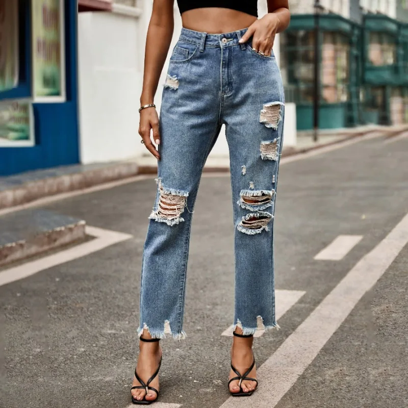 High Waist Raw Edge Punctured Holes Slim Fitting Jeans Women Clothing New Fashion Straight Cropped Denim Pants Washed Pantalones
High Waist Raw Edge Punctured Holes Slim Fitting Jeans Women Clothing New Fashion Straight Cropped Denim Pants Washed Pantalones