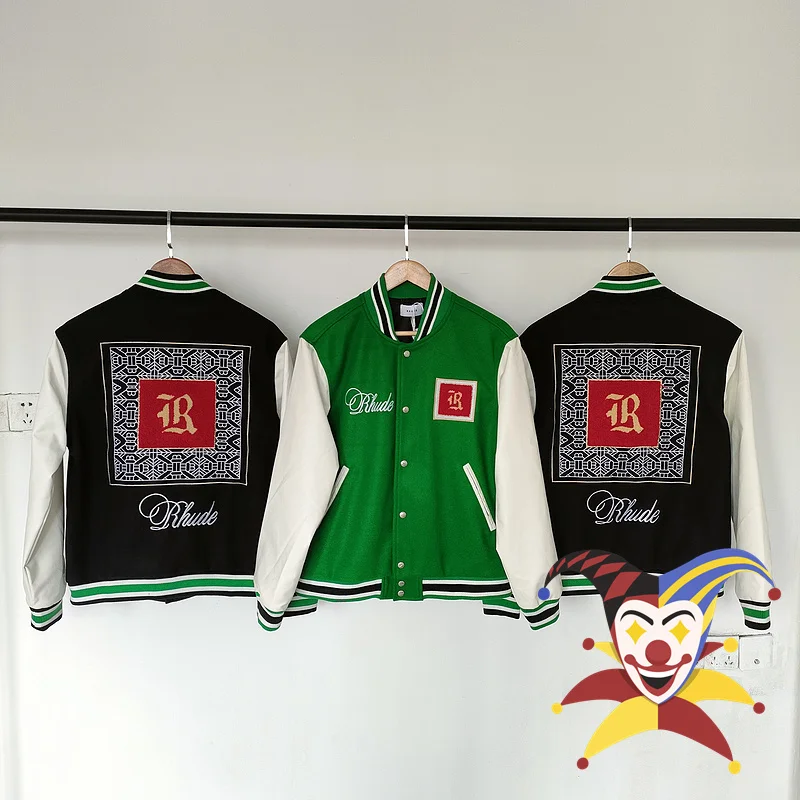 Embroidery Rhude Baseball Jackets Men Women 1:1 Best Quality Leather Sleeve Bomb Jacket Green Black Outwear Coat
Embroidery Rhude Baseball Jackets Men Women 1:1 Best Quality Leather Sleeve Bomb Jacket Green Black Outwear Coat