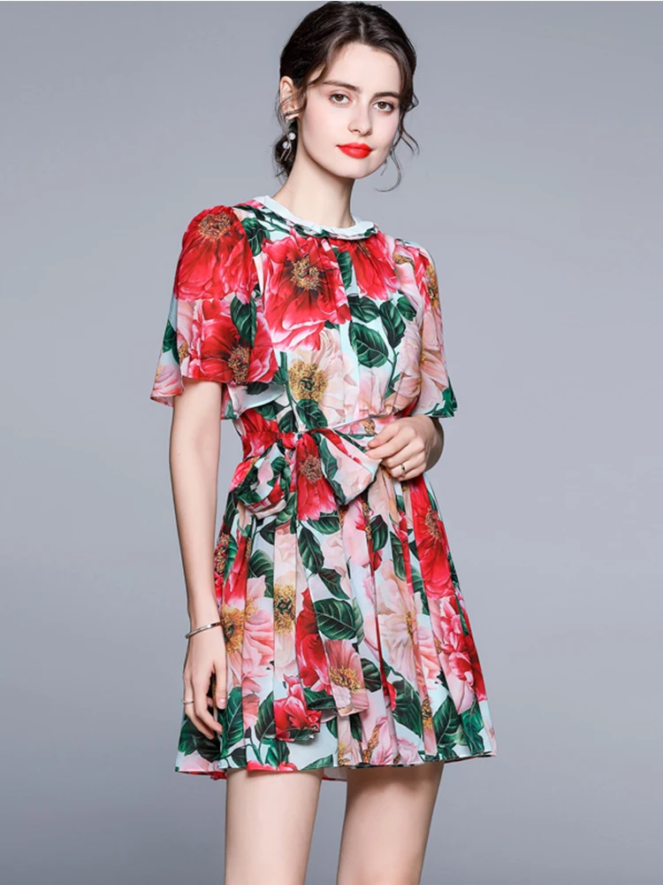 Elegant Bow Belt Camellia Floral Print Beach Mini Dress Summer Clothes Runway Women Short Sleeve Party Robe Vestidos S8676
Elegant Bow Belt Camellia Floral Print Beach Mini Dress Summer Clothes Runway Women Short Sleeve Party Robe Vestidos S8676