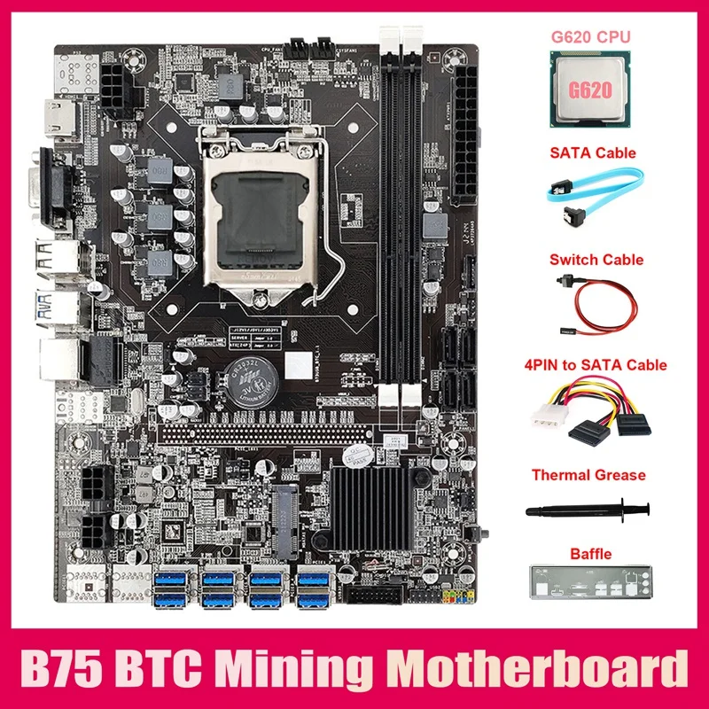 B75 8USB ETH Mining Motherboard+G860 CPU+4PIN To SATA Cable+SATA Cable+Switch Cable+Baffle+Thermal Grease For BTC Miner
B75 8USB ETH Mining Motherboard+G860 CPU+4PIN To SATA Cable+SATA Cable+Switch Cable+Baffle+Thermal Grease For BTC Miner