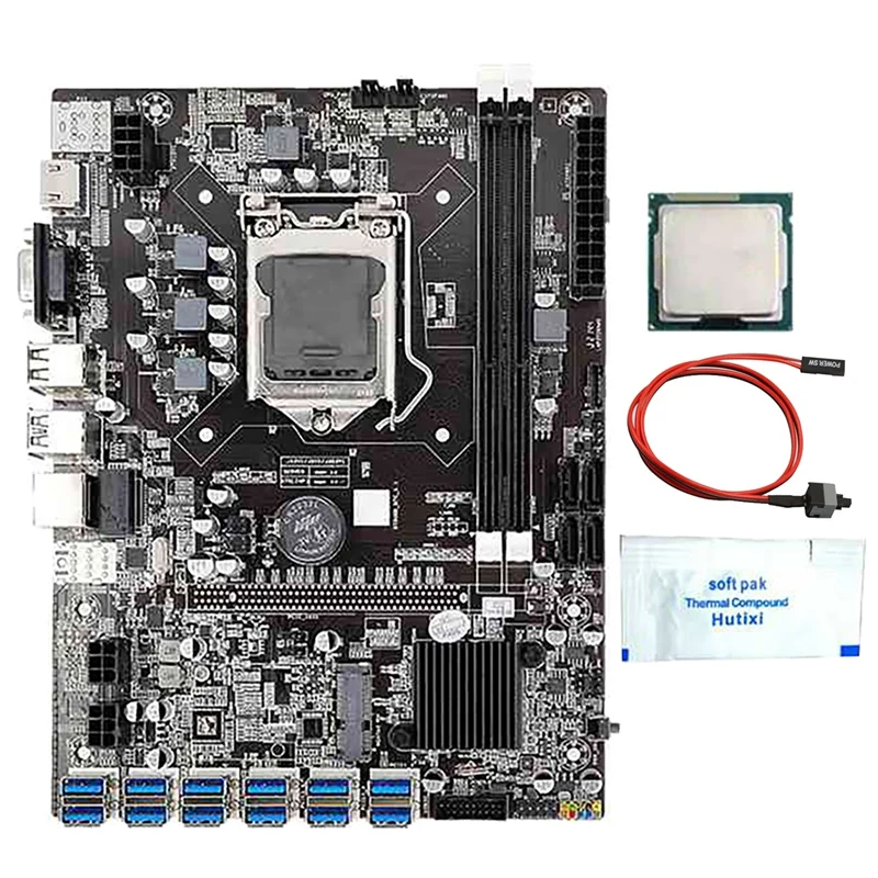 B75 BTC Mining Motherboard with G530-G630 CPU+Thermal Grease+Switch Cable 12 USB3.0 Slot LGA1155 DDR3 DIMM RAM SATA3.0
B75 BTC Mining Motherboard with G530-G630 CPU+Thermal Grease+Switch Cable 12 USB3.0 Slot LGA1155 DDR3 DIMM RAM SATA3.0