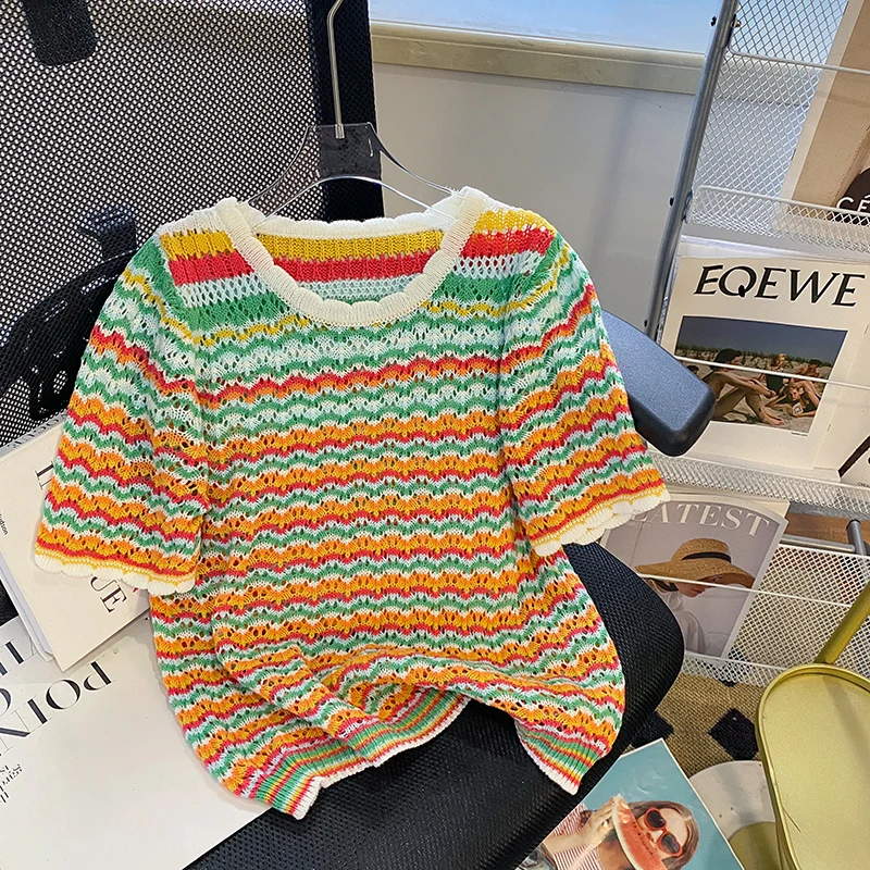 2023 Summer Vintage Striped Round Neck Short Sleeve sweater T-Shirts Women's Fashion Casual Knitting Basics Hollow Out Tees Tops
2023 Summer Vintage Striped Round Neck Short Sleeve sweater T-Shirts Women's Fashion Casual Knitting Basics Hollow Out Tees Tops