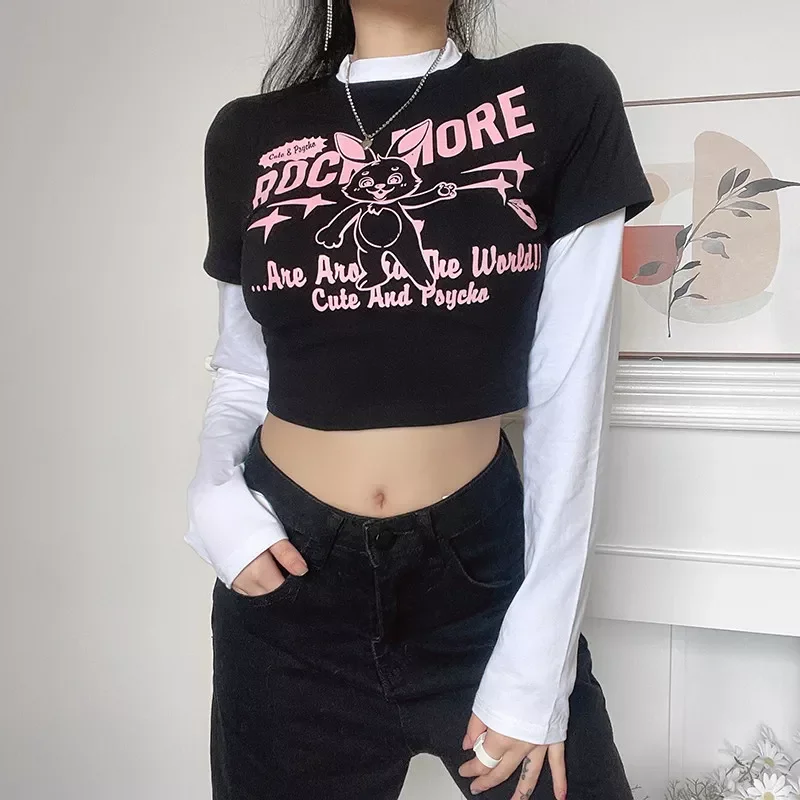 Autumn Women Fake 2-piece Crop Tops Long Sleeve Crew Neck Cartoon Rabbit Casual Daily T-shirt Fairy Grunge Street Slim Fit Tees
Autumn Women Fake 2-piece Crop Tops Long Sleeve Crew Neck Cartoon Rabbit Casual Daily T-shirt Fairy Grunge Street Slim Fit Tees