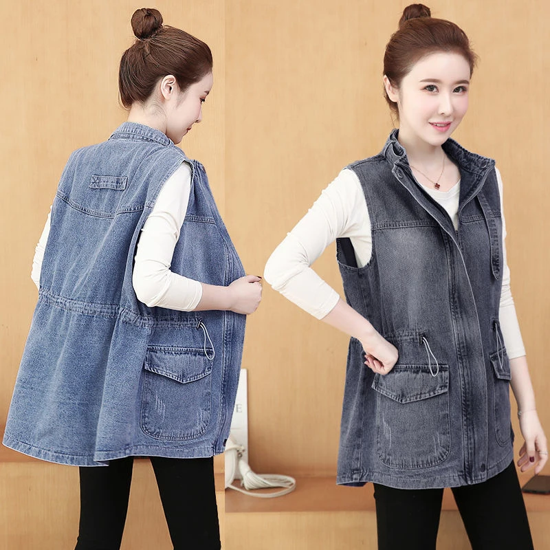 New Plus Size Womens Denim Vest Korean Fashion Stand Collar Loose Waistcoat Vests Female Sleeveless Jean Jacket 100KG Blue Black
New Plus Size Womens Denim Vest Korean Fashion Stand Collar Loose Waistcoat Vests Female Sleeveless Jean Jacket 100KG Blue Black
