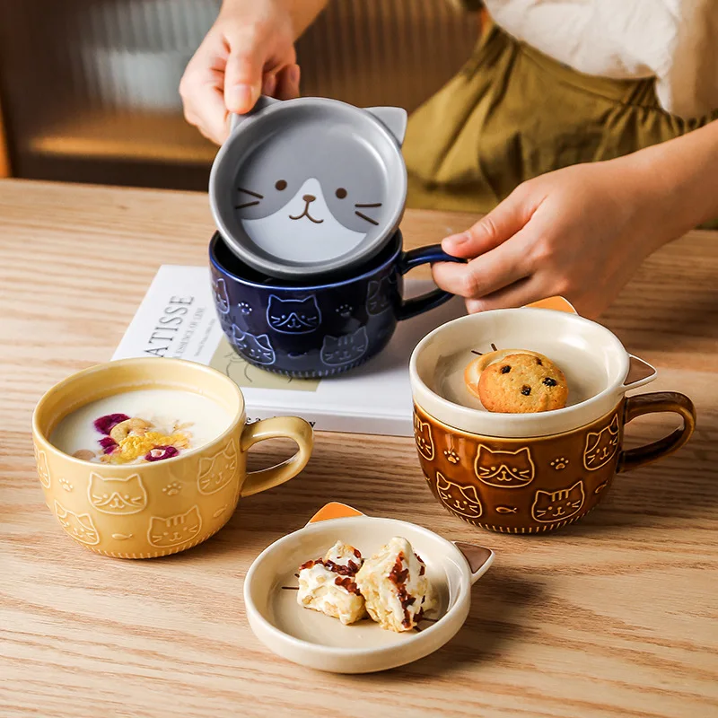 

Японская керамическая кружка с мультяшным котом, милая чашка для завтрака, креативная кофейная чашка с крышкой, чашка для молока, чашка для воды для пары
