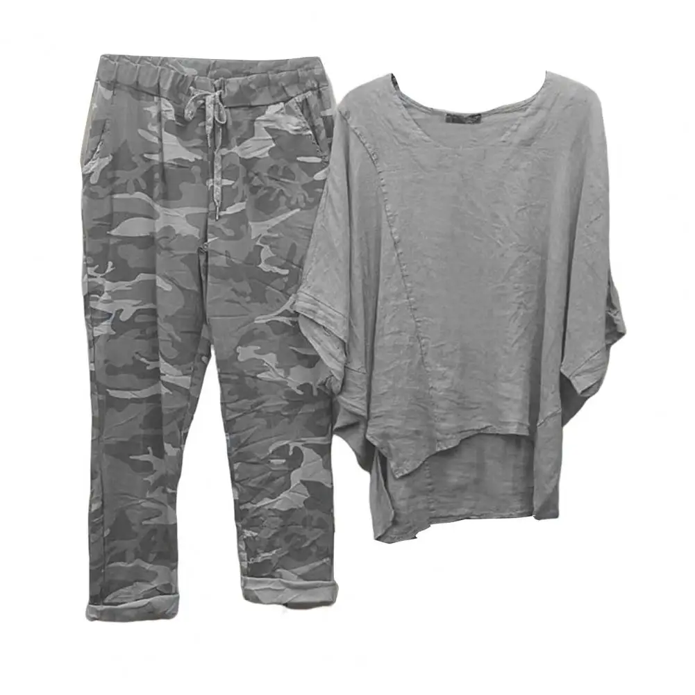 

Chic Casual Outfit Breathable Round Neck Cotton Blend Camo Print Casual Outfit Women Tops Pants Set Washable