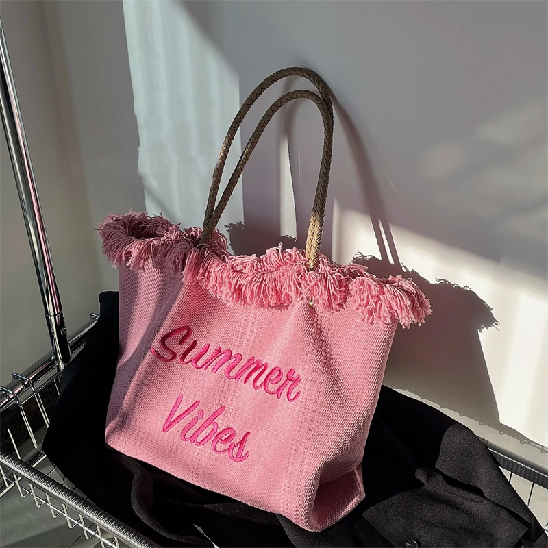 Сумка-тоут женская холщовая с бахромой, вместительный саквояж на плечо с вышитыми надписями, Пляжная Сумочка-тоут для путешествий, цвет розовый
Сумка-тоут женская холщовая с бахромой, вместительный саквояж на плечо с вышитыми надписями, Пляжная Сумочка-тоут для путешествий, цвет розовый
