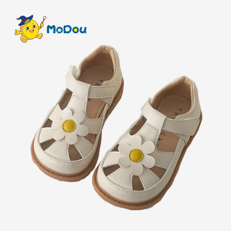 

Mo Dou Girl's Leather Sandals Baby Soft Non-slip Toe-wrapped Lovely Flowers Breathable Cozy Hook and Loop Cut-outs Wearable