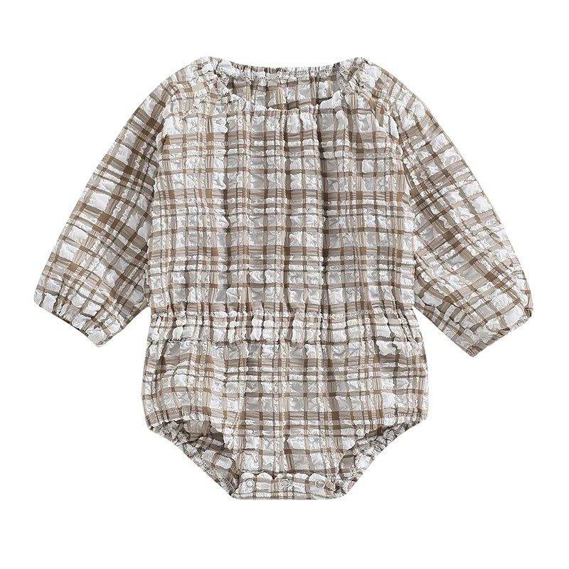 

Vintage Baby Girl Long Sleeve Smocked Romper Plaid Pleated Ruched Bubble Bodysuit Newborn Fall Boho Outfit