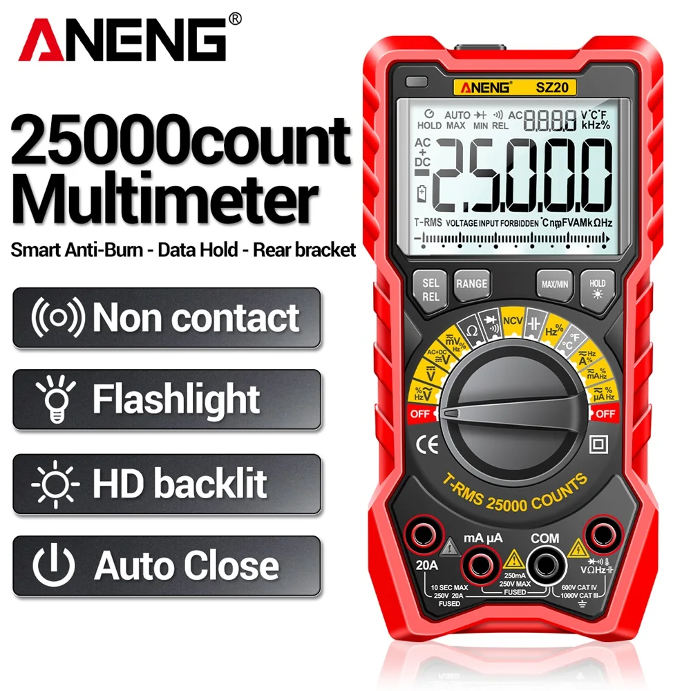 ANENG SZ20 25000 Counts Automatic Digital Multimeter AC/DC Current Capacitance Meter Voltage Tester with LCD Backlight Display
ANENG SZ20 25000 Counts Automatic Digital Multimeter AC/DC Current Capacitance Meter Voltage Tester with LCD Backlight Display