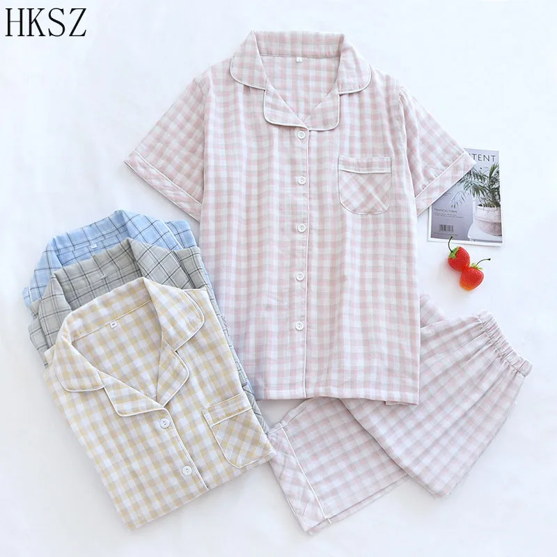 Couple Pyjama Spring/autumn Cotton Gauze Lattice Short Sleeve Trousers Pyjamas Women Suit Summer New Men Cotton Yarn Home Wear
Couple Pyjama Spring/autumn Cotton Gauze Lattice Short Sleeve Trousers Pyjamas Women Suit Summer New Men Cotton Yarn Home Wear