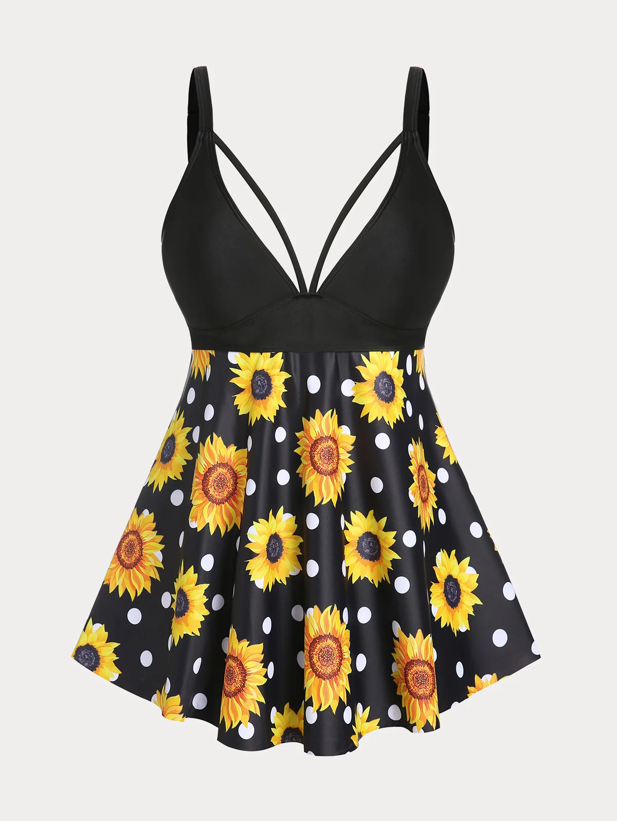 

ROSEGAL Plunge Neck Swimsuit For Women Sunflower Print Boyshorts Padded Tankini Swimwear Two Piece Low Cut Bathing Suits