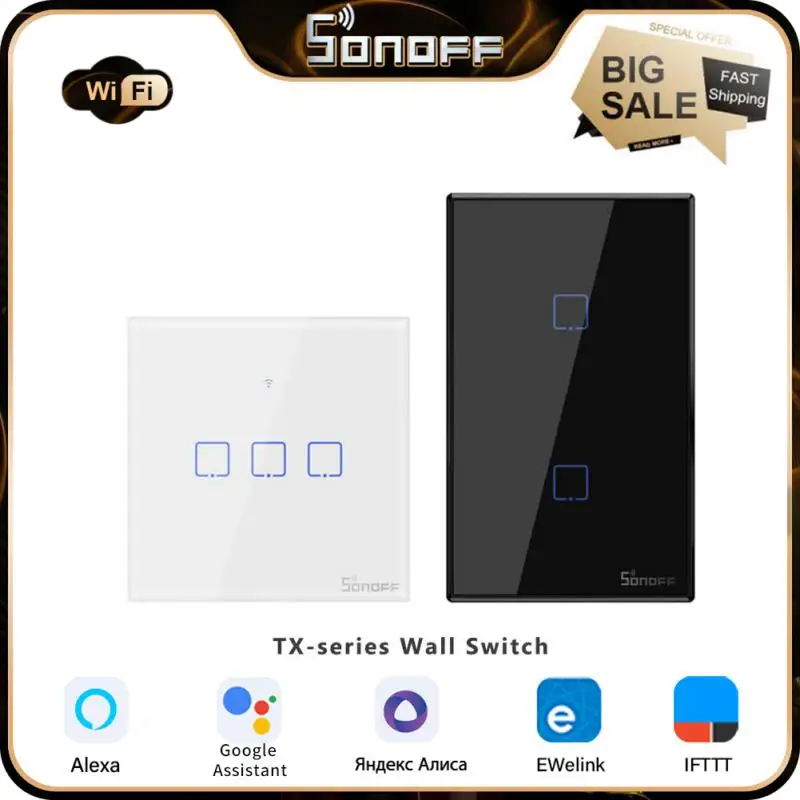 

SONOFF TX EU/UK/US WiFi Smart Wall Touch Switch T0/T1/T2/T3 1/2/3Gang Smart Home Switches Support Ewelink Alexa Google Alice APP
