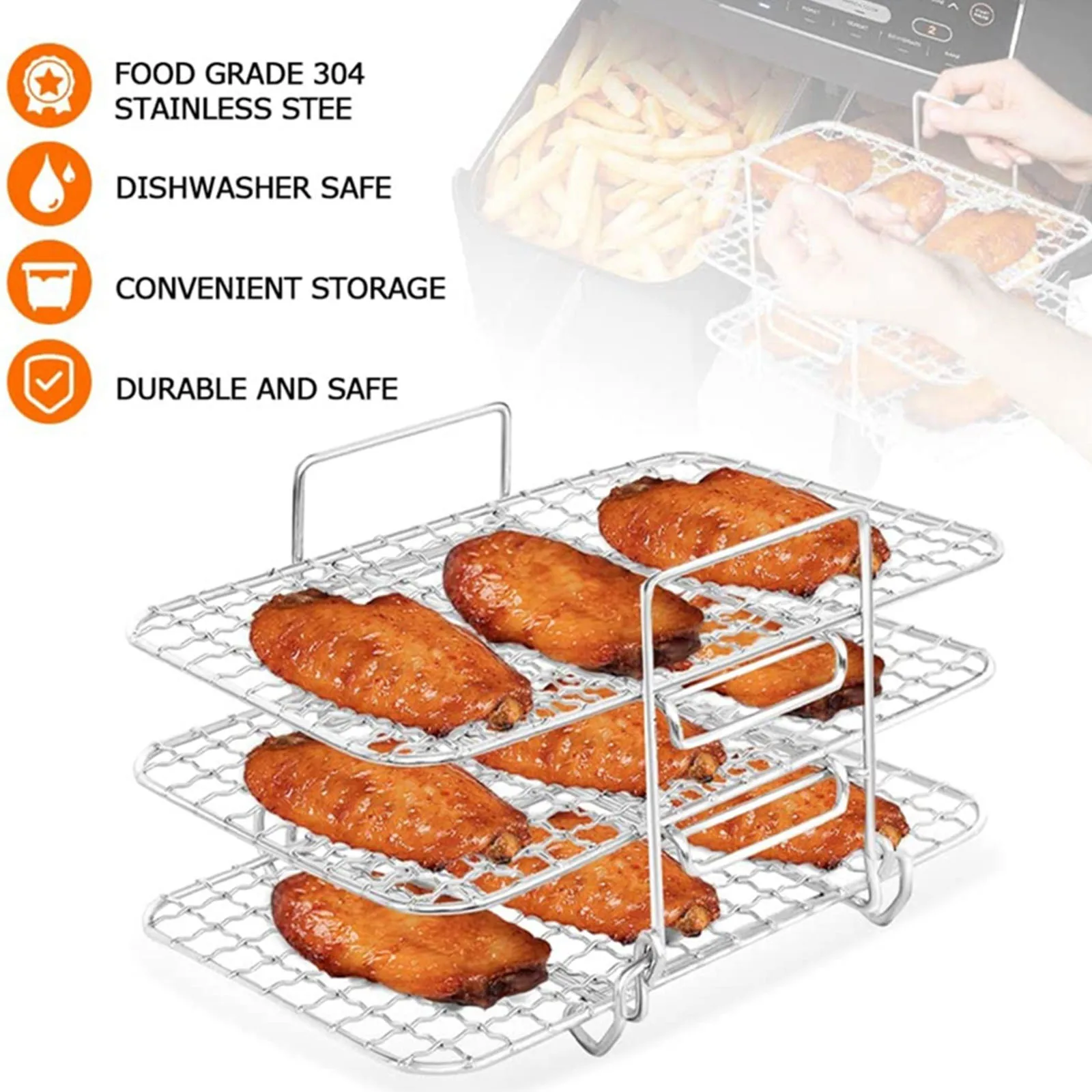 304 Stainless Steel Air Fryer Rack 19*12.5*11.5cm Three-layer Dehydration Rack Safe Rack Kitchen Steaks Grilling Tools
304 Stainless Steel Air Fryer Rack 19*12.5*11.5cm Three-layer Dehydration Rack Safe Rack Kitchen Steaks Grilling Tools