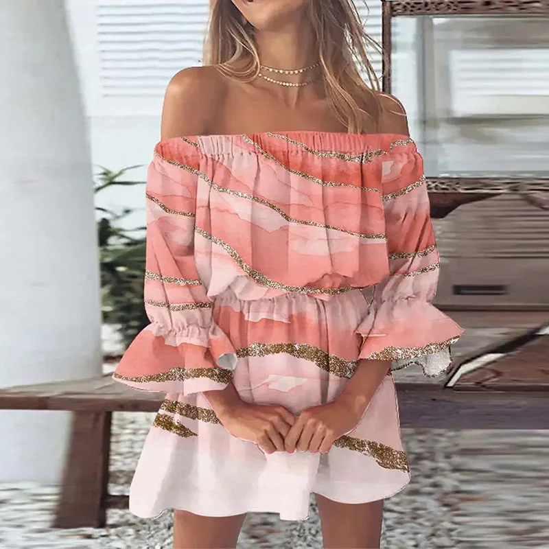 Women Sexy Off Shoulder Mini Dress Summer Print Slash Neck Boho Dress Lady Ruffle Half Sleeve Dress Lady Gradient Beach Dress
Women Sexy Off Shoulder Mini Dress Summer Print Slash Neck Boho Dress Lady Ruffle Half Sleeve Dress Lady Gradient Beach Dress
