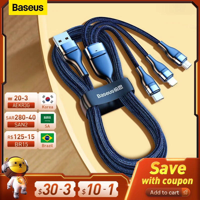

Baseus PD66W 3 in 1 Type C Micro USB Lightning Cable for iPhone 13 12 Pro 11 XR Charger Data Cable for Huawei Samsung Xiaomi
