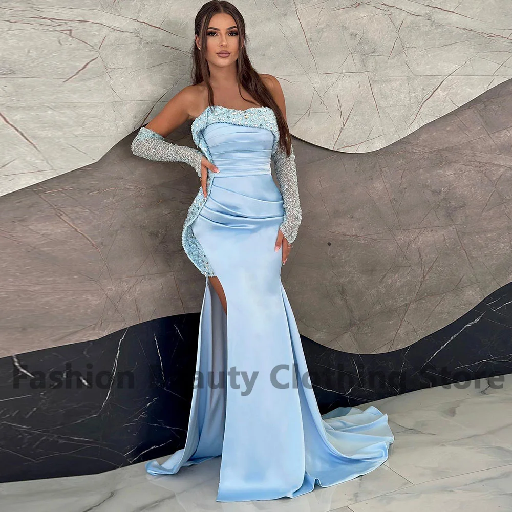 Mermaid Evening Gown Strapless High Split 3/4 Long Sleeve Draped Saudi Arabian Women's Sequins Court Train Robes De Soirée Dubaï
Mermaid Evening Gown Strapless High Split 3/4 Long Sleeve Draped Saudi Arabian Women's Sequins Court Train Robes De Soirée Dubaï