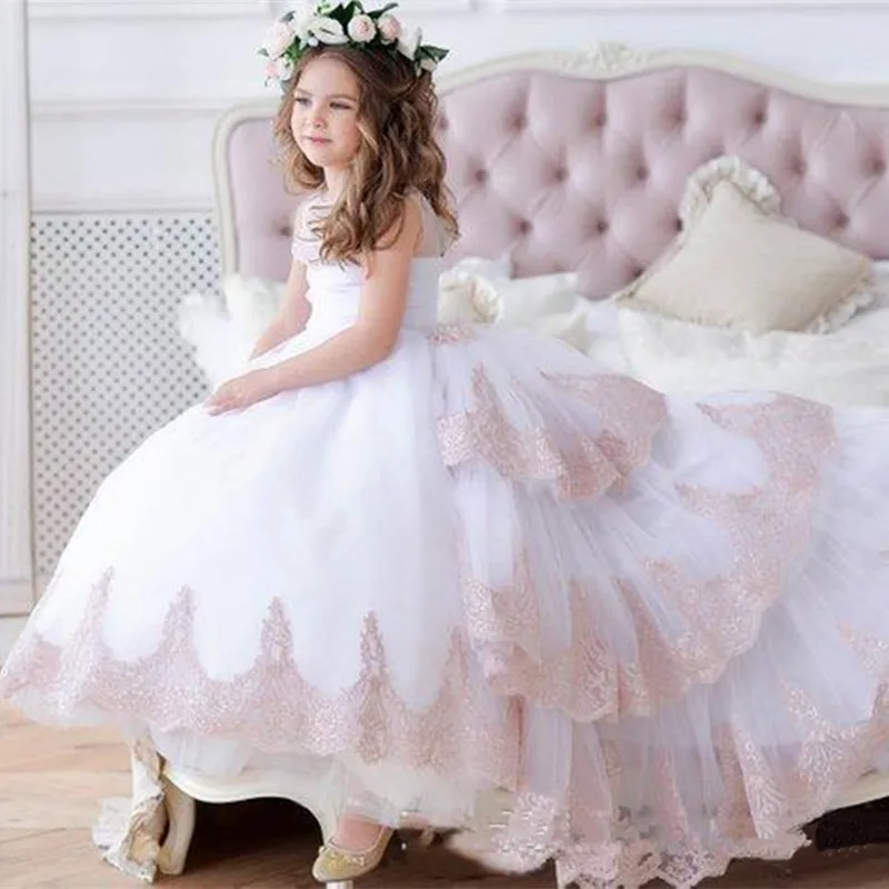 

Formal Kids Flower Girl Dresses For Wedding Junior GIrls Champagne Lace Baby Princess First Communion Tutu Girls Pageant Gowns