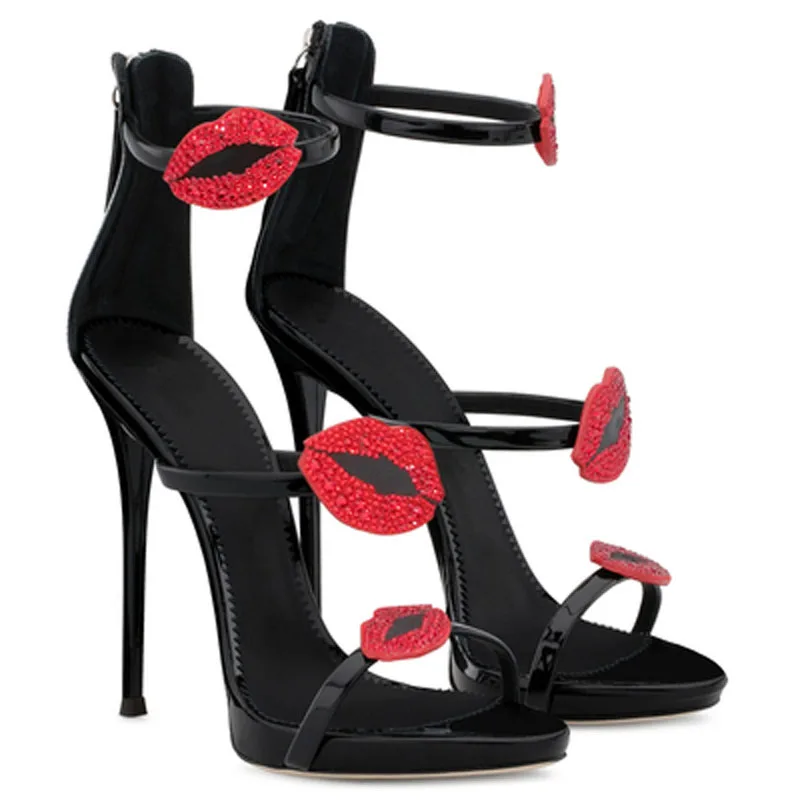 

Sexy Red Silver Lips Diamond High Heel Zapatos Ladies Gladiator Sandals Women Summer Open Toe Stiletto Heel Banquet Pumps