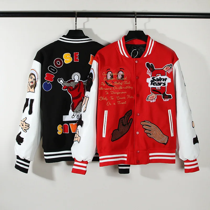 Hip Hop Pattern Letter Embroidery Baseball Uniform PU Sleeve Flocking Stitching Bomber Jacket Spring Trendy Couple Casual Coats
Hip Hop Pattern Letter Embroidery Baseball Uniform PU Sleeve Flocking Stitching Bomber Jacket Spring Trendy Couple Casual Coats