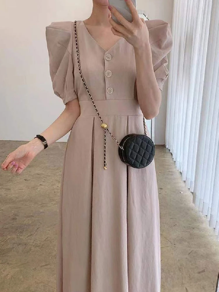 Dresses Korean Chic Summer French Elegant V-neck Three-button Waist Slimming Shoulder Pad Puff Sleeve Dress Long Dresses Women
Dresses Korean Chic Summer French Elegant V-neck Three-button Waist Slimming Shoulder Pad Puff Sleeve Dress Long Dresses Women