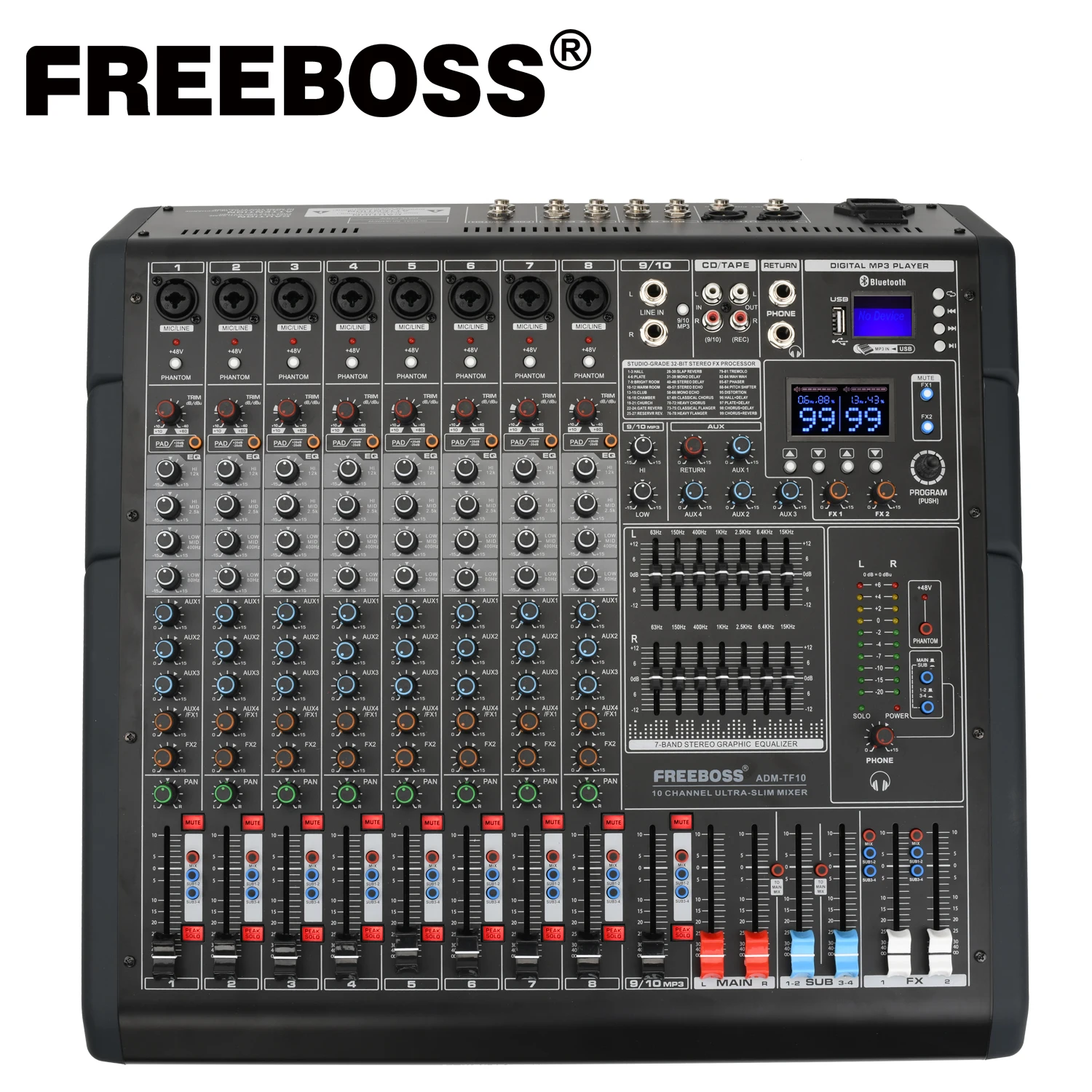 Ultra-Slim Console USB Play Record Karaoke Dual 99 DSP Effects 48V Phantom 10 Channel (8 Mono + 1Stereo) Audio Mixer ADM-TF10
Ultra-Slim Console USB Play Record Karaoke Dual 99 DSP Effects 48V Phantom 10 Channel (8 Mono + 1Stereo) Audio Mixer ADM-TF10