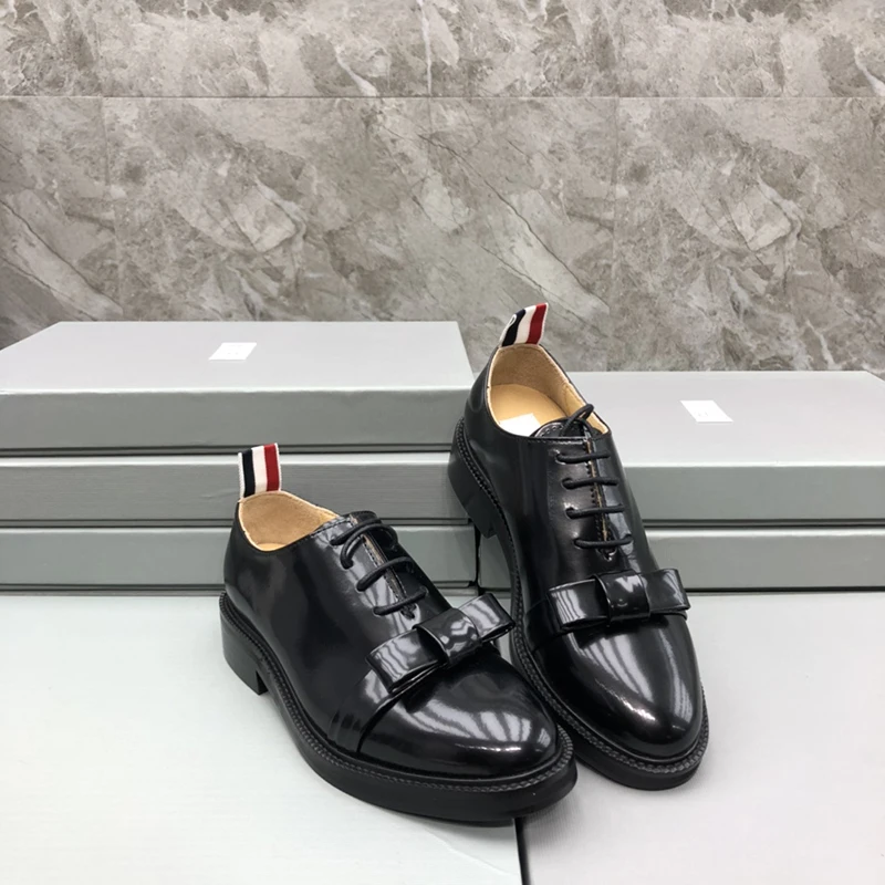 

TB TNOM Shoes Autunm Women's Boutique Shoes Fashion Brand Lace-up Footwear Napa Smooth Calfskin Black Bowknot Leather TB Shoes