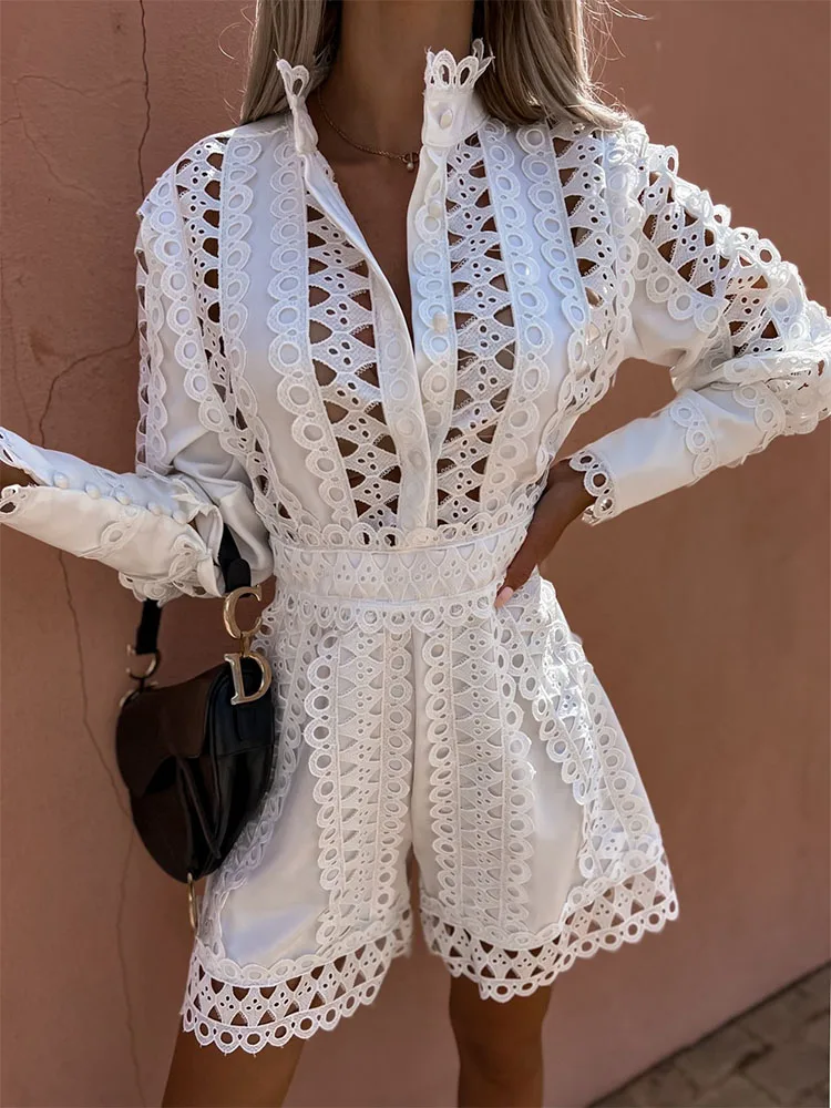 2022 Women Jumpsuit Long Sleeve Buttoned Rompers High Street Ladies Ol Slim Elegant Hollow Hole Wide Leg Shorts Party Jumpsuit
2022 Women Jumpsuit Long Sleeve Buttoned Rompers High Street Ladies Ol Slim Elegant Hollow Hole Wide Leg Shorts Party Jumpsuit