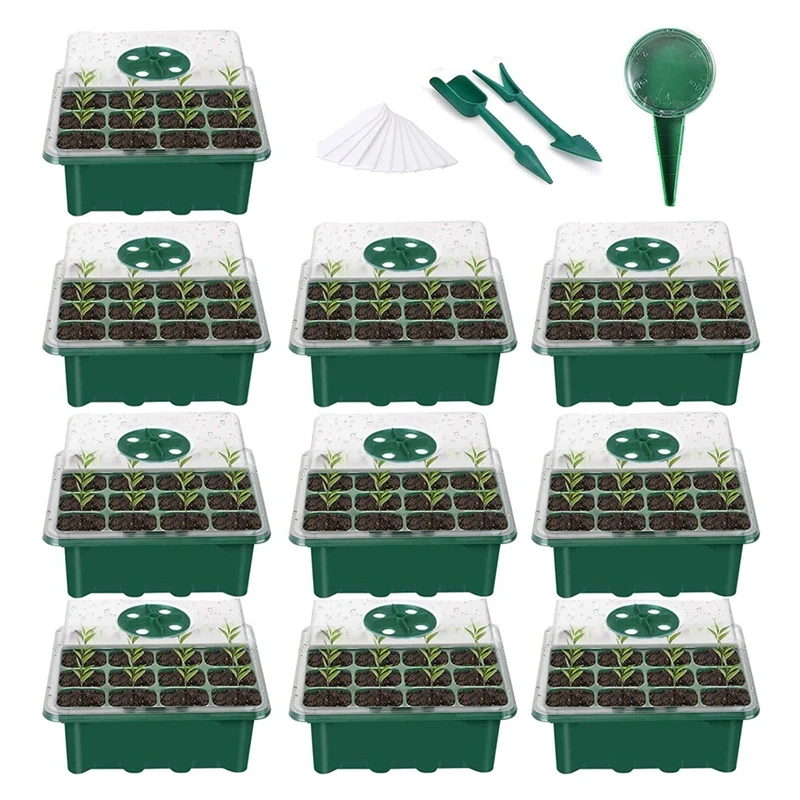 10 Pack Seed Starter Trays Plant Germination Kit With Humidity Adjustable Dome And Base Include Sowing Seeds Dispenser
10 Pack Seed Starter Trays Plant Germination Kit With Humidity Adjustable Dome And Base Include Sowing Seeds Dispenser