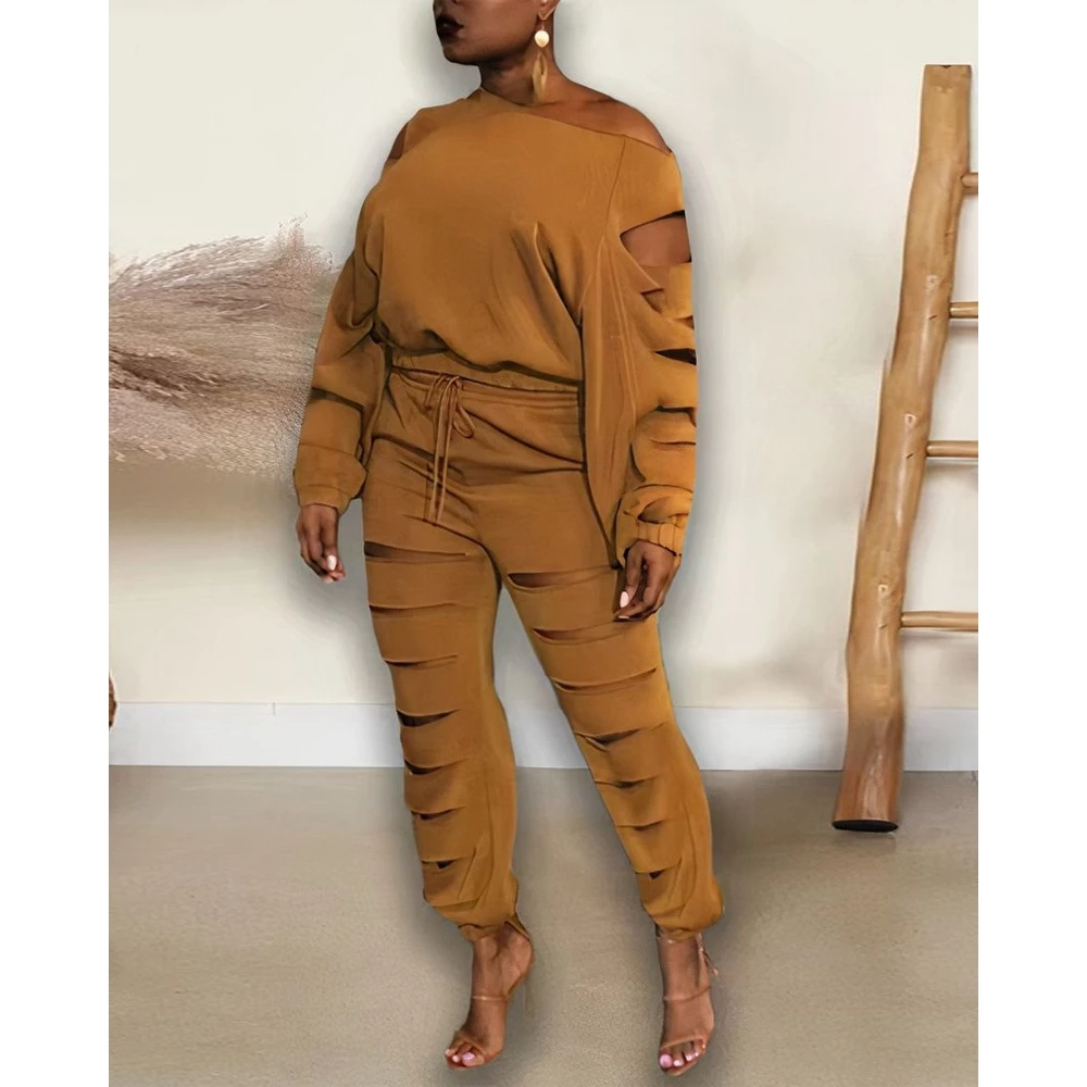 2022 Autumn Women Ladder Cutout Long Sleeve Top and Drawstring Pants Set Femme Casual Solid Two Pieces Set Streetwear Outfits
2022 Autumn Women Ladder Cutout Long Sleeve Top and Drawstring Pants Set Femme Casual Solid Two Pieces Set Streetwear Outfits