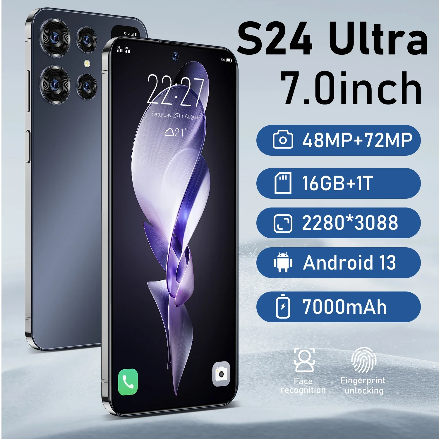 

Новый оригинальный смартфон S24 Ultra, HD экран 7,0 дюйма, 16 ГБ + 1 ТБ, телефон с двумя Sim-картами, Android 13, разблокировка по лицу, 7000 мАч, 72 МП