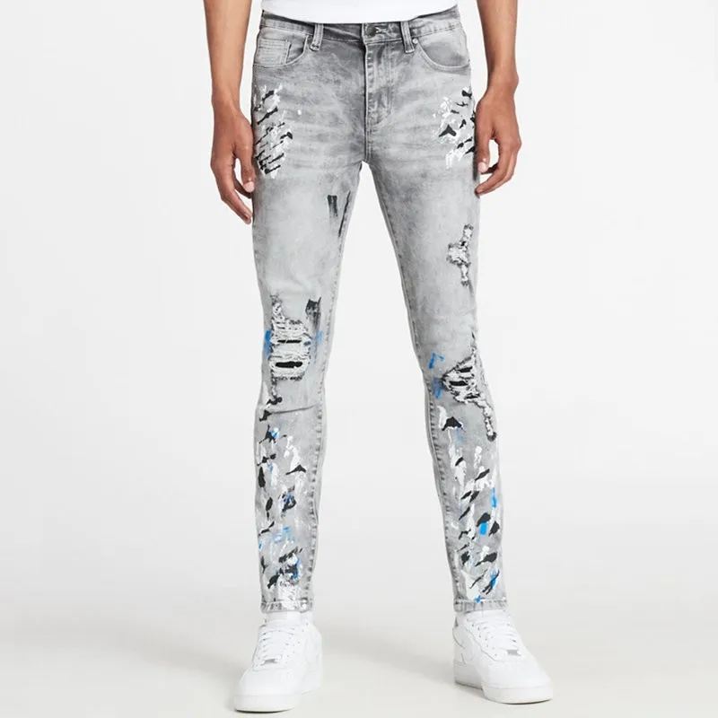 

Mens Printed Stretch Denim Jeans Slim Fit Knees Holes Skinny Jeans Ripped Distressed Pants Streetwear Mid Waist Tapered Trousers
