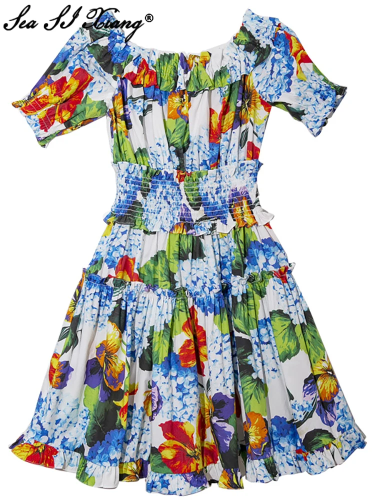 

Seasixiang Fashion Designer Summer Cotton Mini Dress Women's Slash neck Elastic Waist Floral Print Bohemian Vacation Dresses