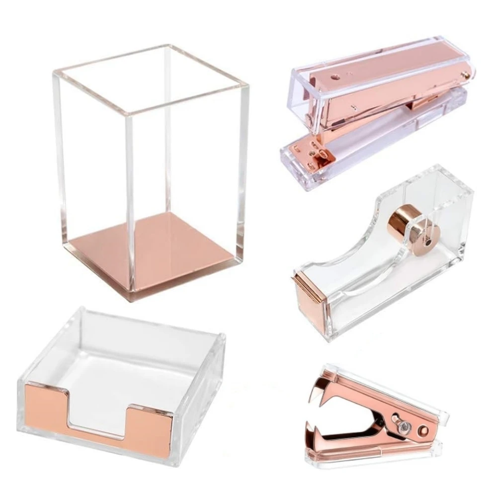 5 in 1 Office Supplies Stationery Set Rose Gold Desk Stapler Tape Dispenser Pen Holder Sticky Notes Holder Staples Remover Kit 
5 in 1 Office Supplies Stationery Set Rose Gold Desk Stapler Tape Dispenser Pen Holder Sticky Notes Holder Staples Remover Kit