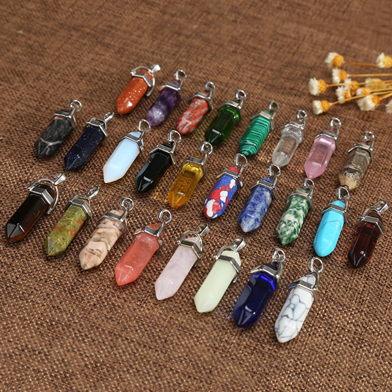 

Natural Stone Hexagonal Point Pendants Necklaces Healing Crystal Quartz Fluorite Lapis Bullet Pendulum Chakra Jewelry Gift