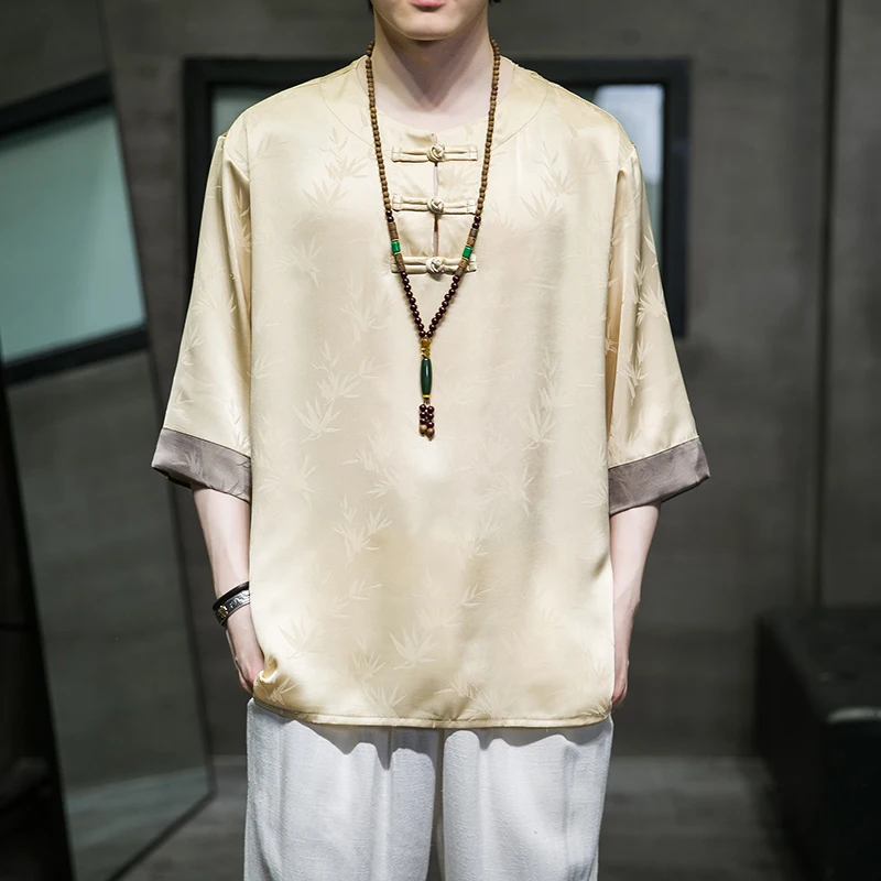 Summer Chinese Style Men's Ice Silk Tang Suit Hanfu Five-point Sleeve T-shirt Large Size Loose Shirt Youth Zhongshan Suit
Summer Chinese Style Men's Ice Silk Tang Suit Hanfu Five-point Sleeve T-shirt Large Size Loose Shirt Youth Zhongshan Suit