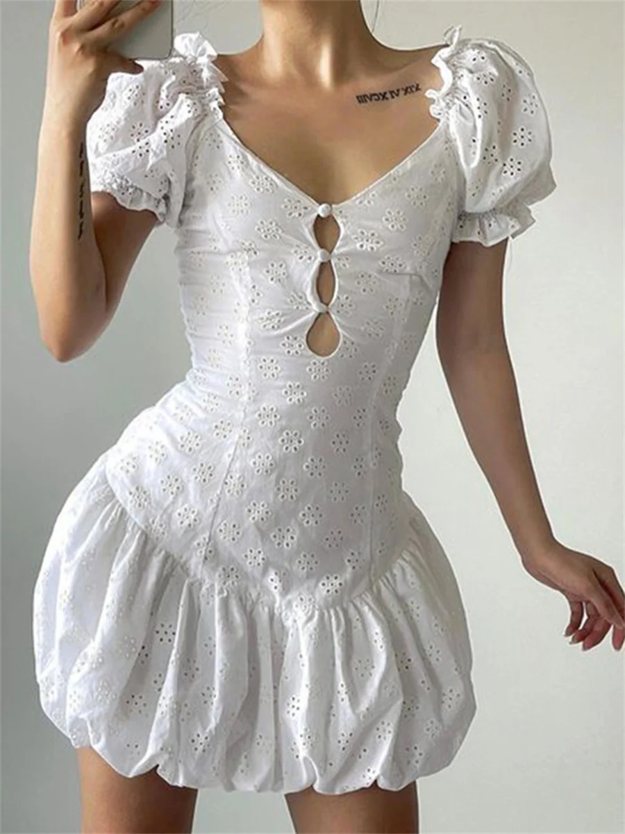 

Wsevypo летнее милое белое цветочное ажурное мини-платье для женщин Ретро пышные короткие рукава V-образный вырез элегантные бутоны Платья