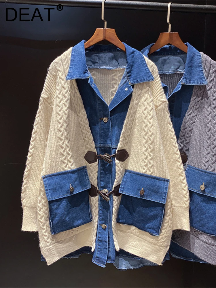 DEAT women's knitting sweater single breasted patchwork denim pockets loose long sleeve cardigan 2023 autumn new fashion 29L3205
DEAT women's knitting sweater single breasted patchwork denim pockets loose long sleeve cardigan 2023 autumn new fashion 29L3205