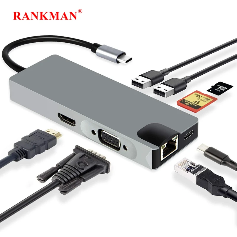 

USB C-концентратор Rankman для RJ45 Lan HDTV 4K VGA USB 3,0 2,0 Type C SD TF-кардридер док-станция для MacBook iPad Samsung S22 Dex Switch PS5