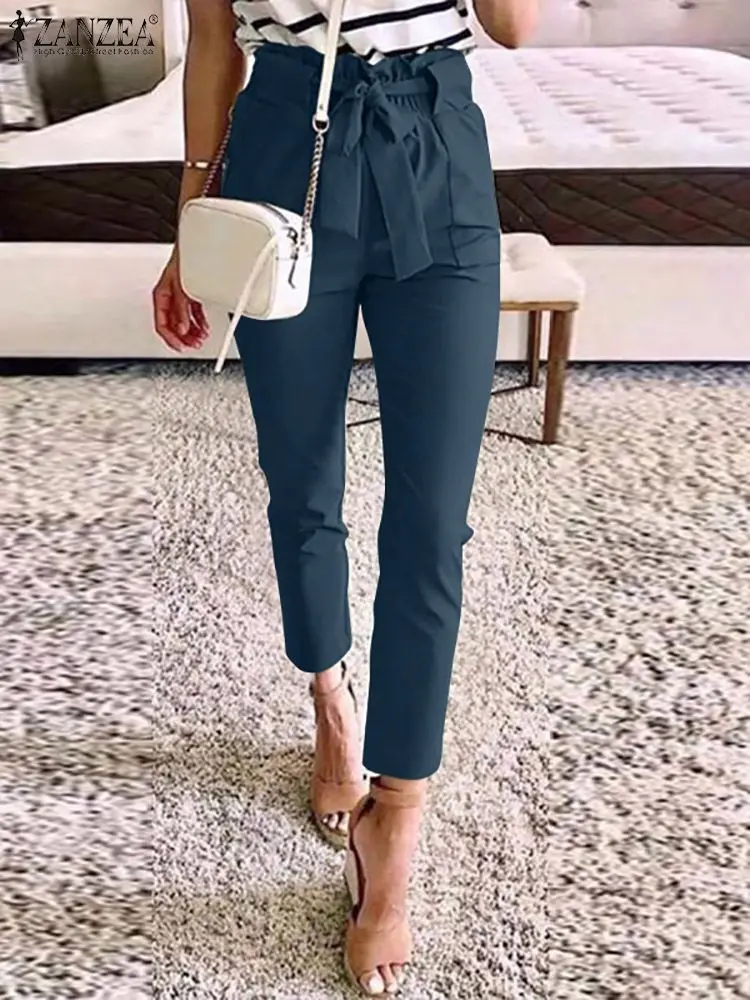 

Oversized Women Casual Solid Ruffle Belted Waist Bottoms Office Lady Elegant Work Pants 2023 ZANZEA Spring Autumn Loose Trouser