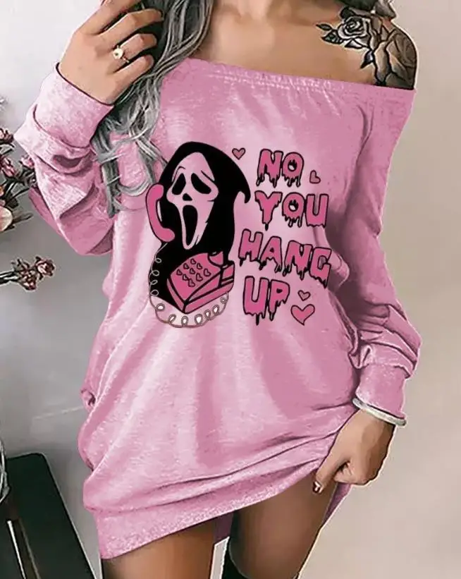 

Halloween Melting No You Hang Up Graphic Print Off Shoulder Dress for Woman Sexy Party Long Sleeve Straight Mini Dresses