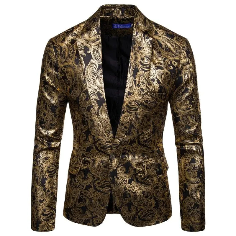 Gold Coated Metallic Suit Men Jacket Glitter Bronzing Floral Print Blazer Jacket Men Slim One button Nightclub DJ Stage Costumes
Gold Coated Metallic Suit Men Jacket Glitter Bronzing Floral Print Blazer Jacket Men Slim One button Nightclub DJ Stage Costumes