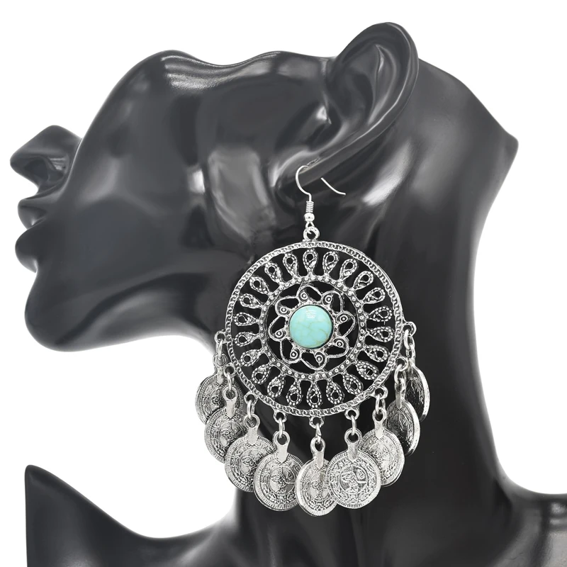 

Turquoise Women Drop Earrings Vintage Coins Tassels Ethnic Gypsy Indian Jhumka Earrings Bohemian Carved Party Earrings Feminina