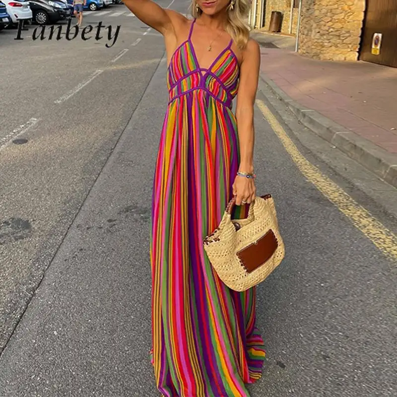 Fashion Color Striped Suspender Beach Dress Women Sexy Hollow Neck Party Dress Summer Stitching Bohemian Long Dresses Vestido
Fashion Color Striped Suspender Beach Dress Women Sexy Hollow Neck Party Dress Summer Stitching Bohemian Long Dresses Vestido