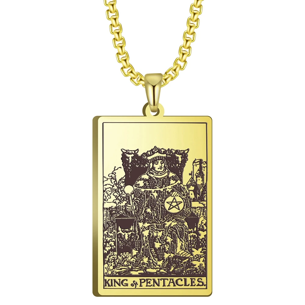 3 Colors Black Color Gold Color Steel Color 24x40mm Tarot King Of Pentacles Pendant Necklace With 60cm Box Chain
3 Colors Black Color Gold Color Steel Color 24x40mm Tarot King Of Pentacles Pendant Necklace With 60cm Box Chain