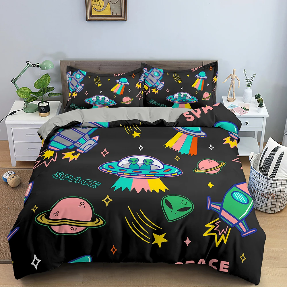 Popular Cartoon Printed Duvet Cover Queen King Size Alien UFO Theme Bedding Set For Teens Kids Bedroom Summer Quilt Cover 2/3Pcs 
Popular Cartoon Printed Duvet Cover Queen King Size Alien UFO Theme Bedding Set For Teens Kids Bedroom Summer Quilt Cover 2/3Pcs