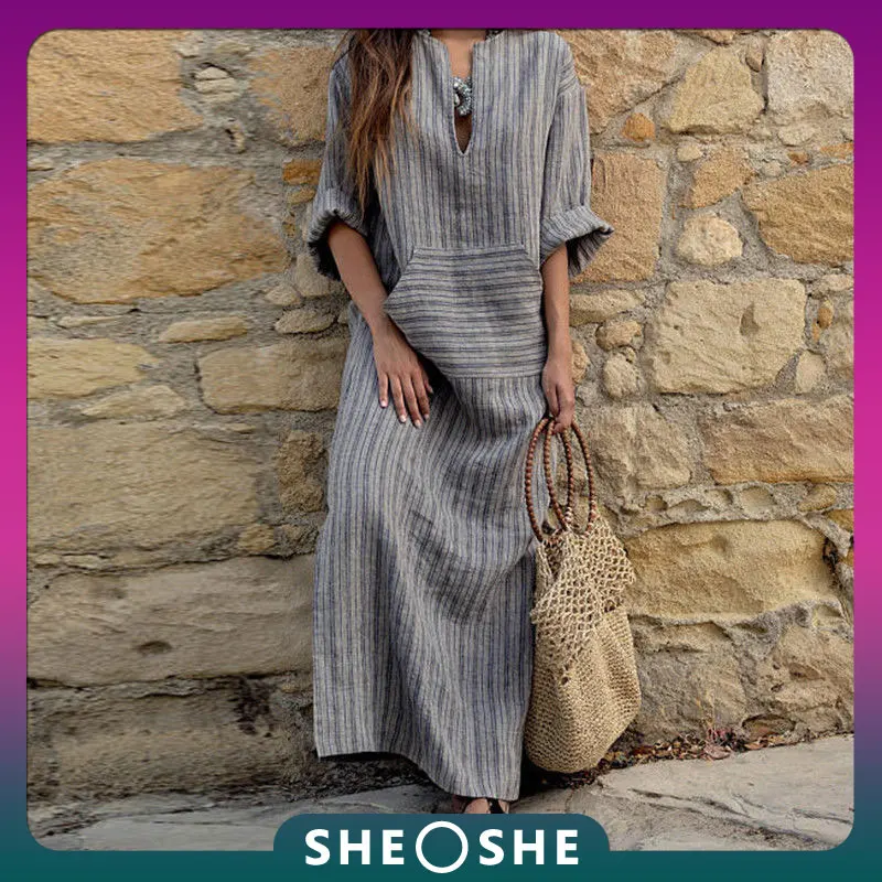 2022 New Cotton Linen Yarn Yarn Striped Loose Long Dress Casual O Neck Long Sleeve Grey Ladies Robe
2022 New Cotton Linen Yarn Yarn Striped Loose Long Dress Casual O Neck Long Sleeve Grey Ladies Robe